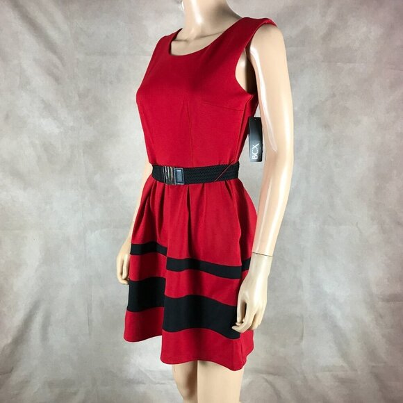 BCX Red Striped Fit & Flared Belted Dress NWT SMALL - Picture 2 of 7